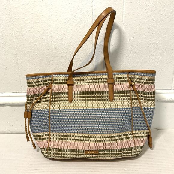 Fossil Tote Charlie Ecru Multi Stripe Pink Blue Shoulder Bag Purse NWOT - Picture 2 of 12